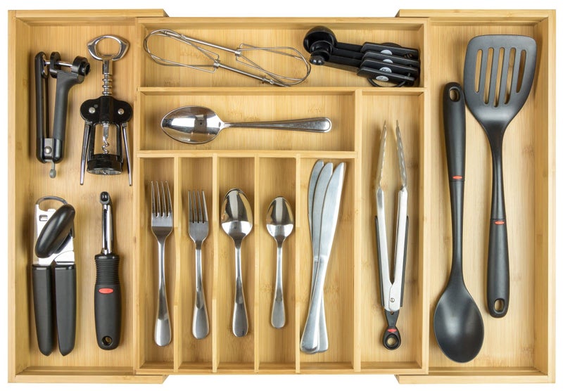 KitchenEdge Premium Silverware, Flatware and Utensil Organizer for Kitchen Drawers, Food-Safe Contract Grade, Expandable from 14 to 25 In, Natural Bamboo - Image 1